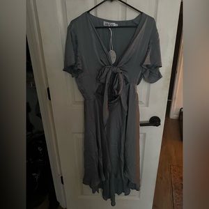 Blue satin front wrap petal and pup midi dress